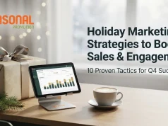 Holiday Marketing: Strategies to Boost Sales & Engagement Create a professional 16:9 blog post thumbnail for “ Holiday Marketing: Strategies to Boost Sales & Engagement ”. Use a clean, modern, realistic scene related to the topic, with a clear focal subject and space for text. Place the provided “Seasonal Promotion” logo in the top-left corner, keeping it original, clear, and undistorted. Add the blog title in bold, readable typography. Use a premium marketing style, natural lighting, balanced composition, and brand-friendly colors. Avoid clutter, distorted text, duplicate objects, and watermarks.