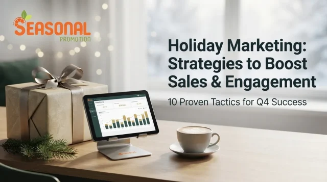 Create a professional 16:9 blog post thumbnail for “ Holiday Marketing: Strategies to Boost Sales & Engagement ”. Use a clean, modern, realistic scene related to the topic, with a clear focal subject and space for text. Place the provided “Seasonal Promotion” logo in the top-left corner, keeping it original, clear, and undistorted. Add the blog title in bold, readable typography. Use a premium marketing style, natural lighting, balanced composition, and brand-friendly colors. Avoid clutter, distorted text, duplicate objects, and watermarks.